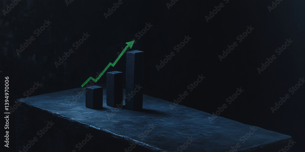 Poster rising graph: a minimalist image portrays a rising graph, its green arrow and vertical bar symbolisi