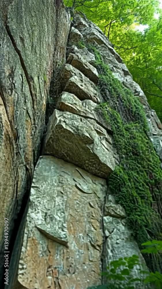 Poster high rock face covered in greenery with natural stone features in a forest setting during daytime