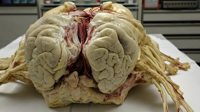 Detailed view of a human brain with spinal cord at a medical laboratory during dissection process