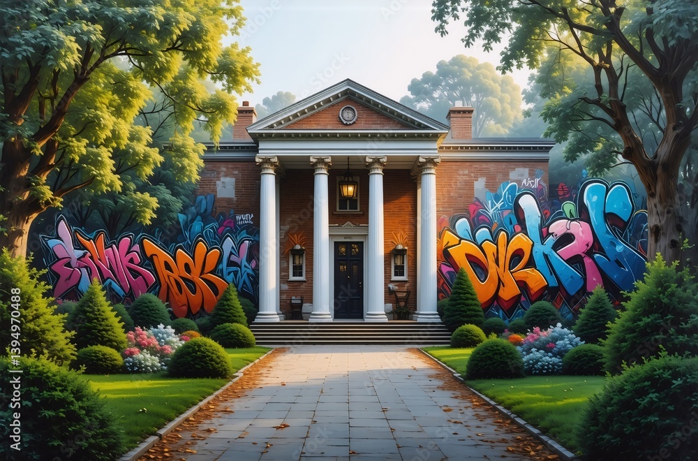 Poster a stately building with graffiti art on its brick exterior stands amidst a lush garden pathway lined