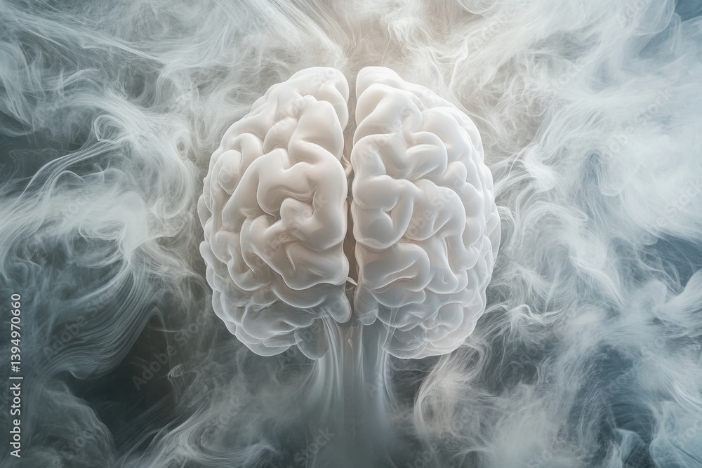 Poster unique representation of a brain surrounded by fog in a creative, abstract visualization