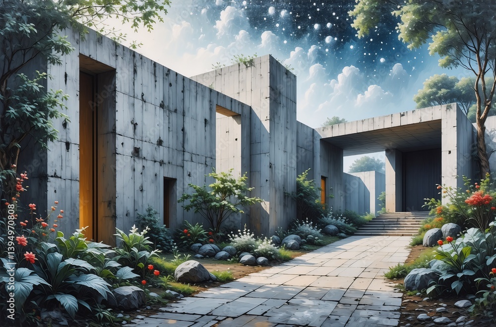 Aufkleber concrete architecture blends with nature in this serene outdoor scene, framed by lush flora and an o
