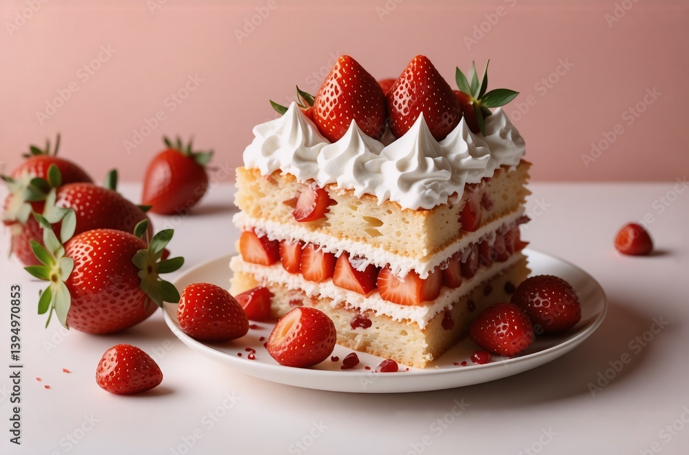 Poster Here's a description and keywords:

A square strawberry cake with white frosting and fresh berries. Several strawberries are arranged around the cake on a white plate and surface. The cake looks delic