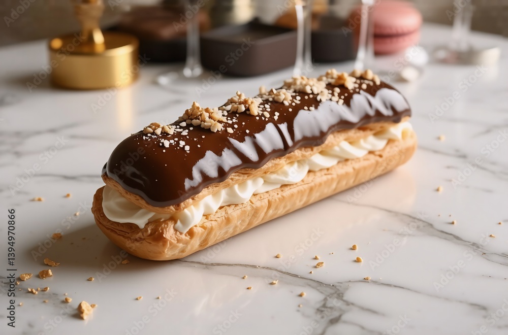 Aufkleber a beautifully crafted eclair, hints of its layers on display. dark chocolate glaze topped with chopp