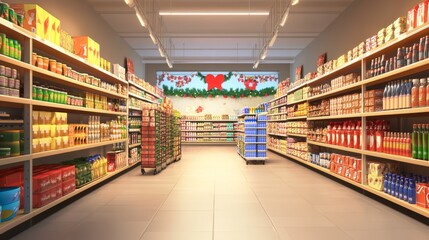 Warm and inviting 3D cartoon supermarket interior with stocked goods and a festive banner stretching above aisles
