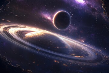 Majestic cosmic vista of a ringed planet with vibrant nebulae and distant stars creating a celestial spectacle