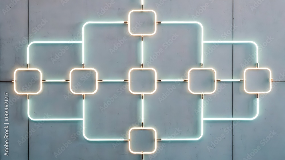 Poster a modern neon light installation featuring geometric shapes arranged in a linear pattern against a t