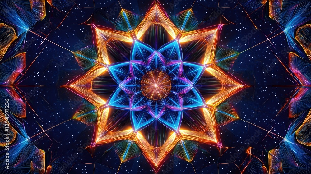 Poster a seamless pattern of illuminated hexagons with a futuristic neon glow and digital depth.