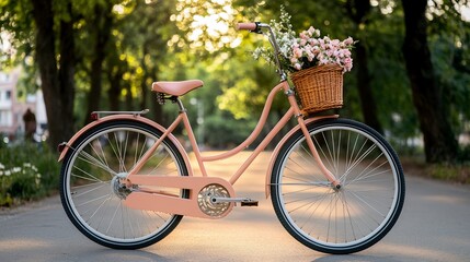 Fototapeta premium Vintage bicycle with a basket full of flowers parked on a picturesque street, capturing the charm and simplicity of a serene summer day