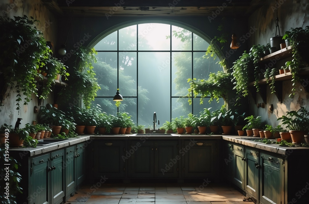 Poster here's a description and keywords: a lush, indoor garden kitchen is bathed in natural light from a l