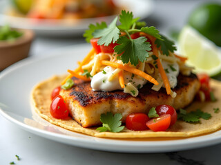 Delicious Fish Taco with Fresh Toppings, A Culinary Delight Featuring Tender Fish, Vibrant Tomatoes, Zesty Lime, and Creamy Sauce on a Warm Tortilla