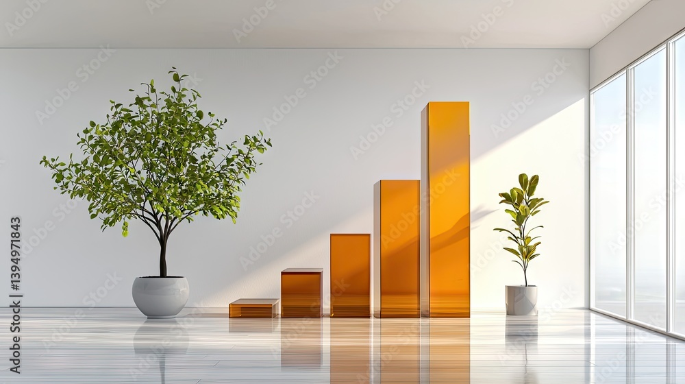 Poster a sharp 3d rendering of an orange ascending bar chart, symbolizing profit and business expansion.