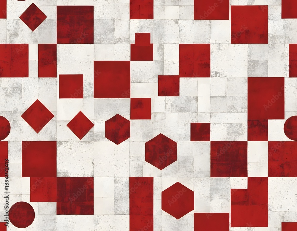 Poster red geometric shapes, distressed textures. grid pattern design, simple figures. abstract art, textur