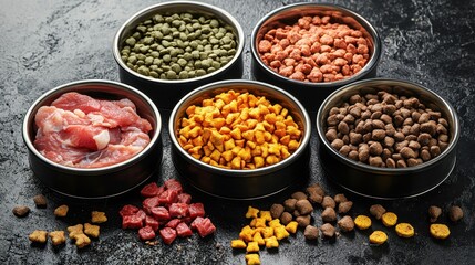 Close-up collage with different styled pet bowls containing raw meat medleys and nutritious dry food blends