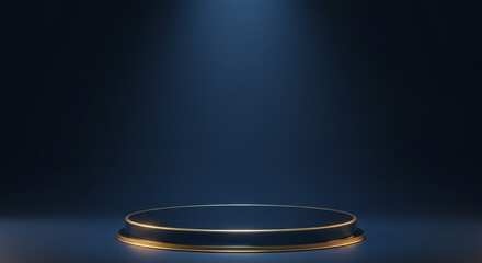 Podium Gold Rim Dark Blue. Luxury round stage with glowing gold rim detail. Elegant product display stand on a dark blue background with spotlight