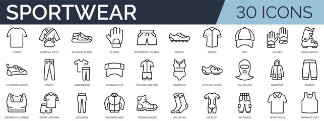 Set of 30 outline icons related to sportwear. Linear icon collection. Editable stroke. Vector illustration