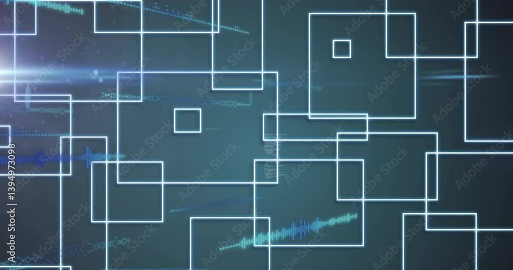 Poster creating futuristic technology concept, geometric shapes and digital waveforms in animation