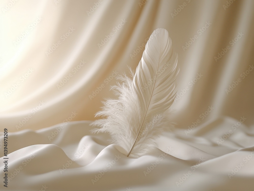 Poster ethereal feather resting on soft silk fabric in a serene and minimalist setting with gentle light an