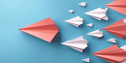 Two coral paper airplanes lead a group of white ones on a light-blue background, symbolizing leadership, innovation, and direction in a competitive market