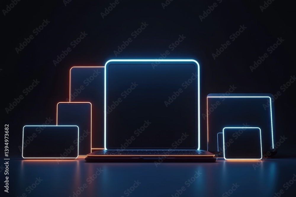 Poster technology devices illuminated with neon outlines in a dark setting showcasing modern design