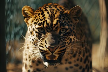 Obraz premium Face of a leopard in the wild looking fierce with its fangs showing