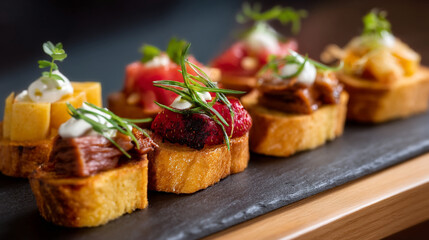 Delicious gourmet bruschetta appetizer platter catering event food photography close up shot studio lighting