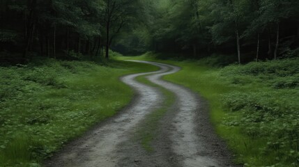 Obraz premium Winding forest path through lush greenery. A meandering dirt road winds through a dense forest, lined with vibrant green foliage