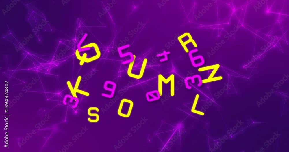 Poster floating colorful letters and numbers over digital network background in animation