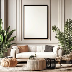 A modern living room featuring a cozy sofa, decorative plants, and a blank wall ready for art.