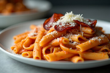 Delicious Penne Pasta with Red Sauce, Crispy Meat, and Freshly Grated Cheese, A Culinary Delight Capturing Authentic Italian Flavors in a High-Resolution Still Life