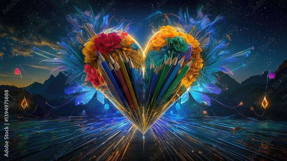 Poster an artistic heart shape designed with sharpened colored pencils on a vivid neon backdrop.