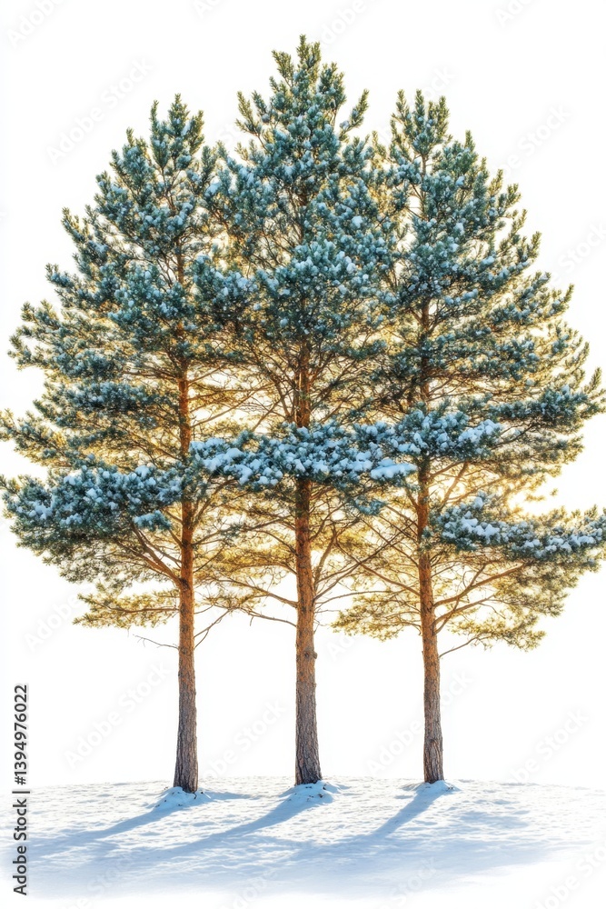 Aufkleber serene winter scene featuring three snow covered pine trees against a bright white background in a m