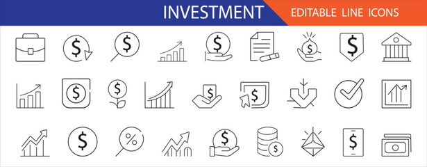 Editable line icons set focused on investment, finance, growth, and money management. Perfect for fintech, business strategy, and digital banking UI,UX projects
