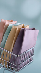 Pastel paper bags in a metal shopping basket, showcasing a minimalist shopping or retail concept suitable for branding or advertising