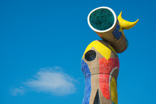 detail of the top section of Dona i Ocell sculpture, designed by famous artist Joan Miro, which presides the public park Joan Miro, named after him, in Barcelona, Spain, on March 28, 2025