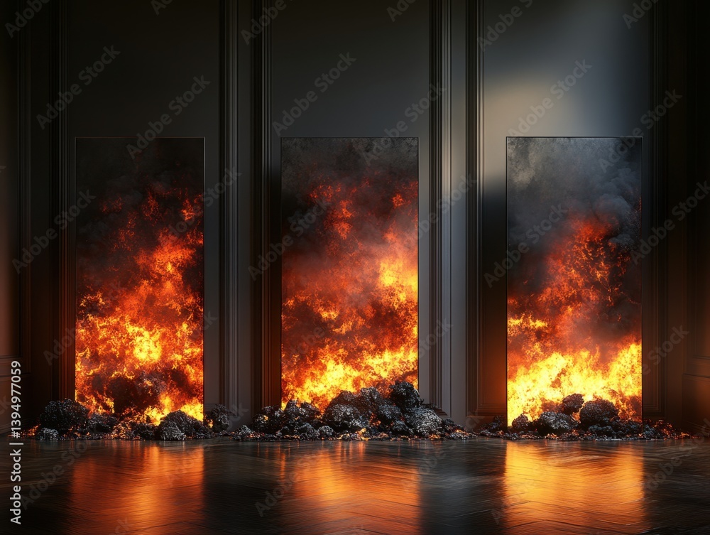 Aufkleber fiery portals in a dark room with reflective floor creating a dramatic and intense atmosphere a conc