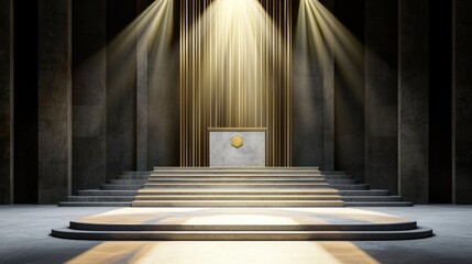 Clean and professional grey podium on an empty stage, spotlight emphasizing its modern design.