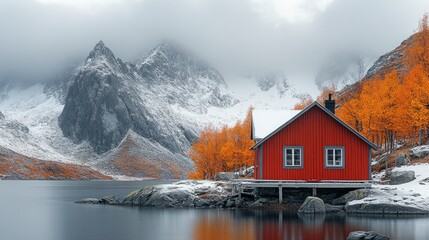 Fototapeta premium A vibrant red cabin by a tranquil lake, surrounded by orange trees and snowy peaks, reflects serenity