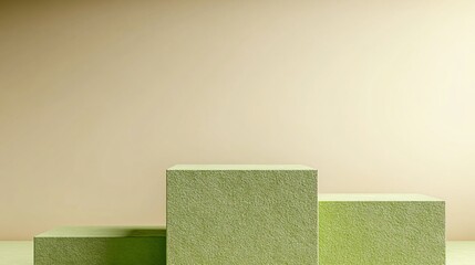 Minimal podium with green textured blocks on pastel background for product mockup or design