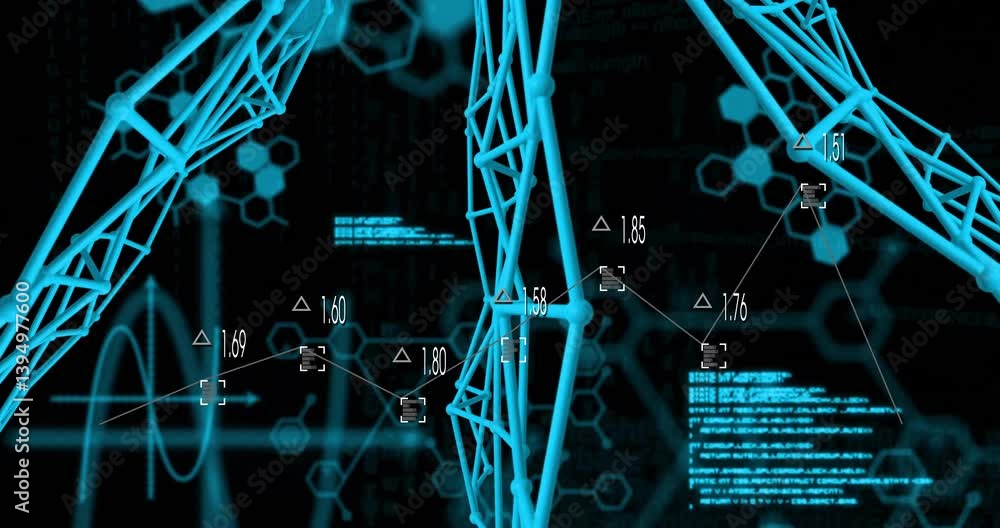 Poster animation of blue geometric structures with digital network and data points