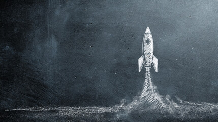 Chalk rocket sketch on dark gray background, symbolizing growth, progress, and new beginnings, ideal for startup or innovation concepts