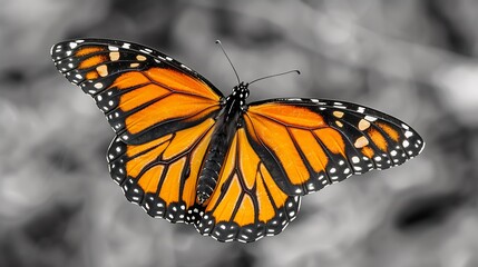 Fototapeta premium Monarch butterfly fluttering against a black and white sky its bright orange and black wings creating a breathtaking display of natures beauty