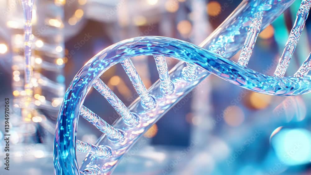 Poster futuristic dna strand with glowing helix on abstract bokeh background.