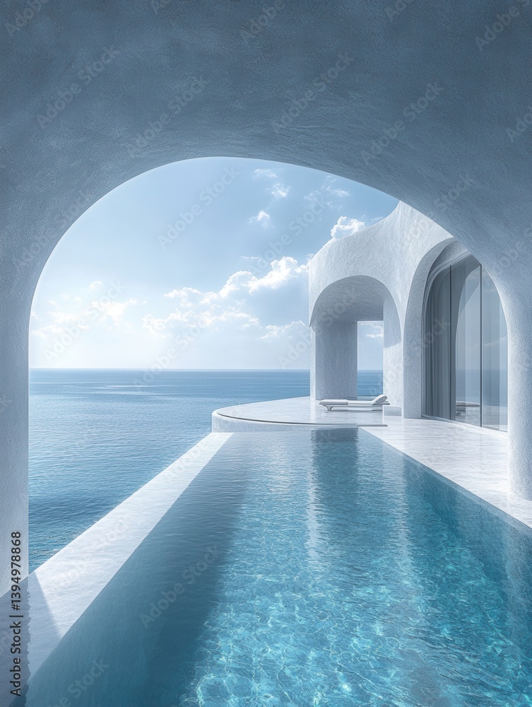 Poster serene infinity pool merging with ocean view under architectural archway creating a tranquil and lux
