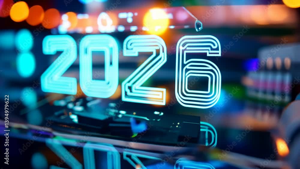 Poster futuristic digital display with illuminated 2026 in neon cyberpunk style.