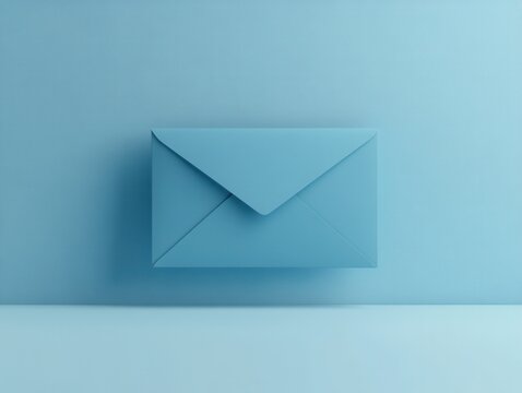 Minimalist light blue envelope on matching background conveying message communication and connection in a clean and simple studio setting with soft lighting and modern aesthetic