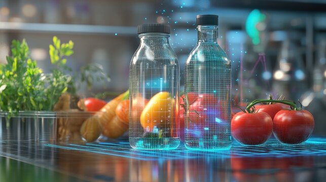 High-tech lab backdrop with smart app projecting real-time nutrition and safety analysis on packed food