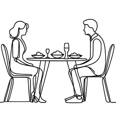 Couple dining together at the table in line drawing style on transparent background, family, lovers, St. Valetnin's Day
