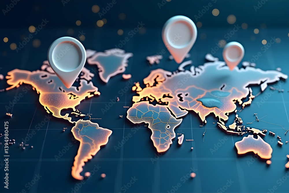 Poster detailed 3d world map with location pins, a visual representation of global connectivity and strateg