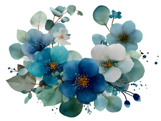 Floral arrangement featuring blue and white flowers with green leaves, ideal for home decor and celebrations in bright, cheerful settings